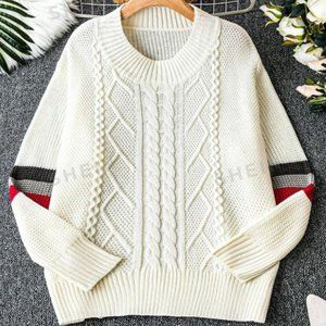 Plus Contrast Panel Cable Knit Drop Shoulder Sweater